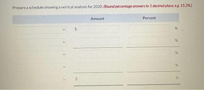 showing a vertical analysis for 2020. (Round percentage answers to 1 decimal