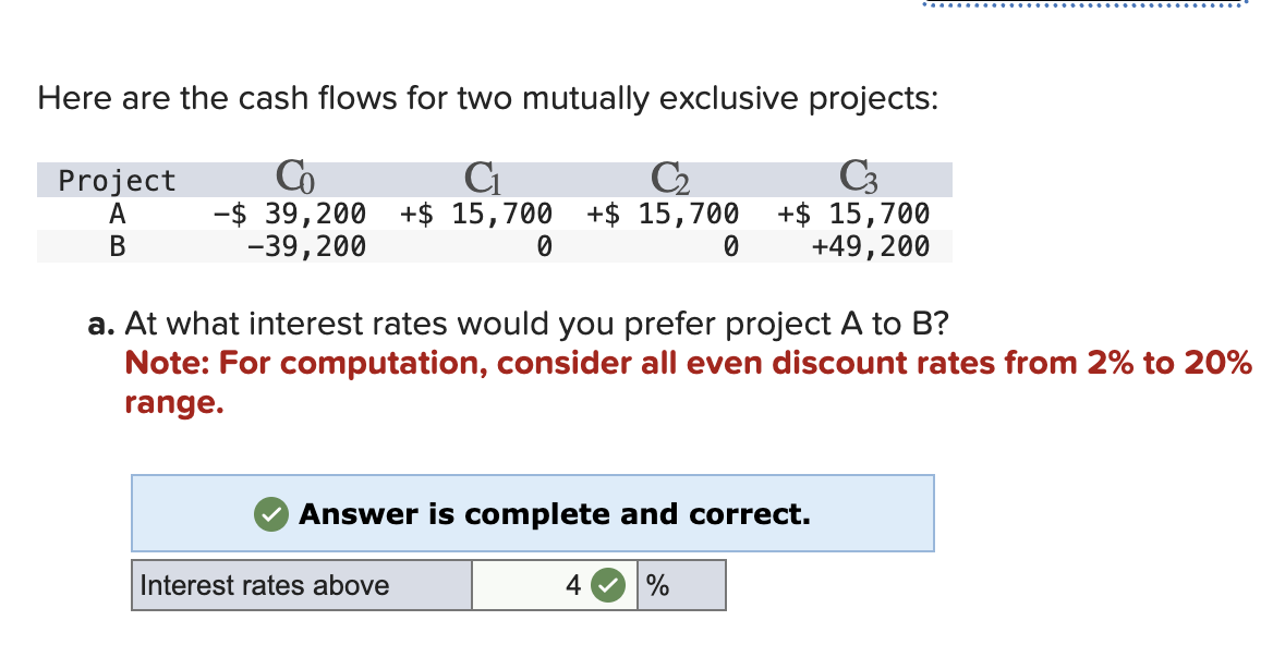  Here are the cash flows for two mutually exclusive projects: a.