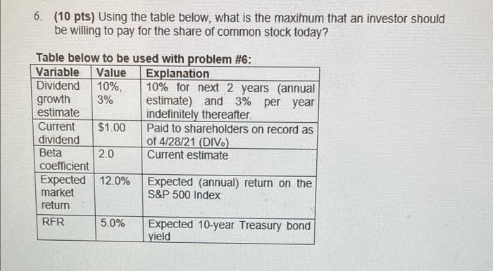  6. (10 pts) Using the table below, what is the maximum