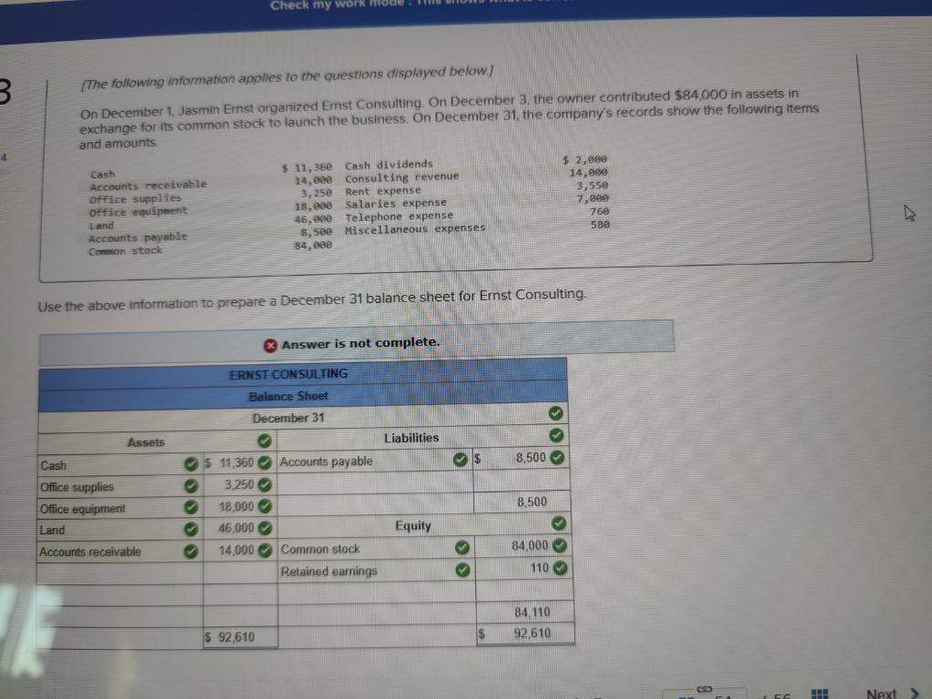 I'm having trouble getting the Balance Sheet correct for Ernst Consulting. [The