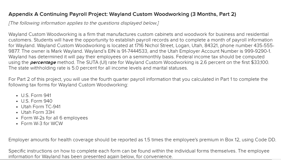  Appendix A Continuing Payroll Project: Wayland Custom Woodworking (3 Months, Part