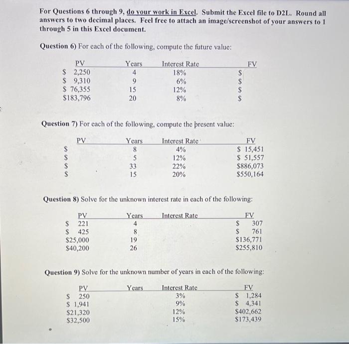  For Questions 6 through 9, do your work in Excel. Submit