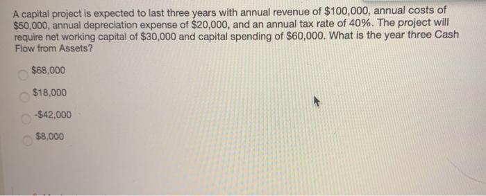  A capital project is expected to last three years with annual