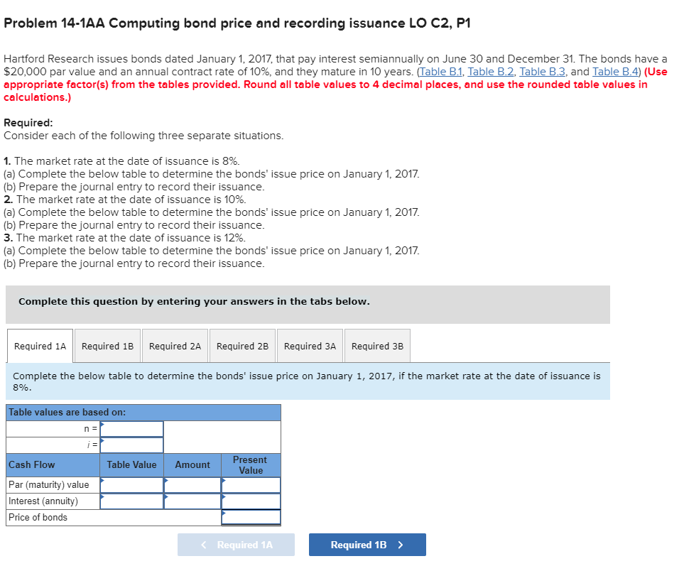  Problem 14-1AA Computing bond price and recording issuance LO C2, P1