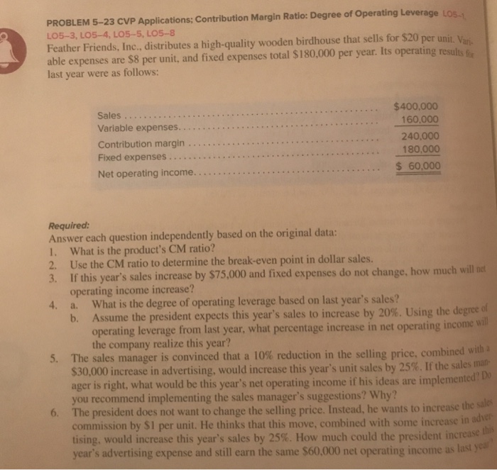  PROBLEM 5-23 CVP Applications; Contribution Margin Ratio: Degree of Operating Leverage
