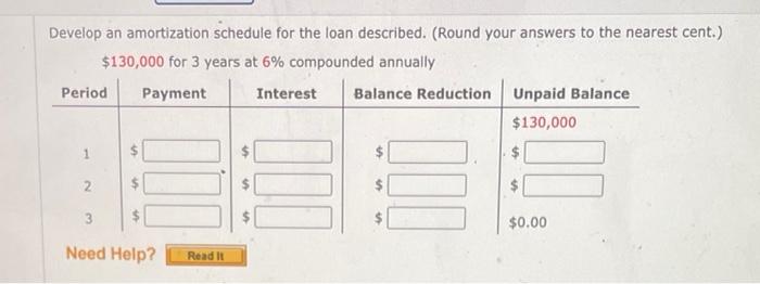  Develop an amortization schedule for the loan described. (Round your answers