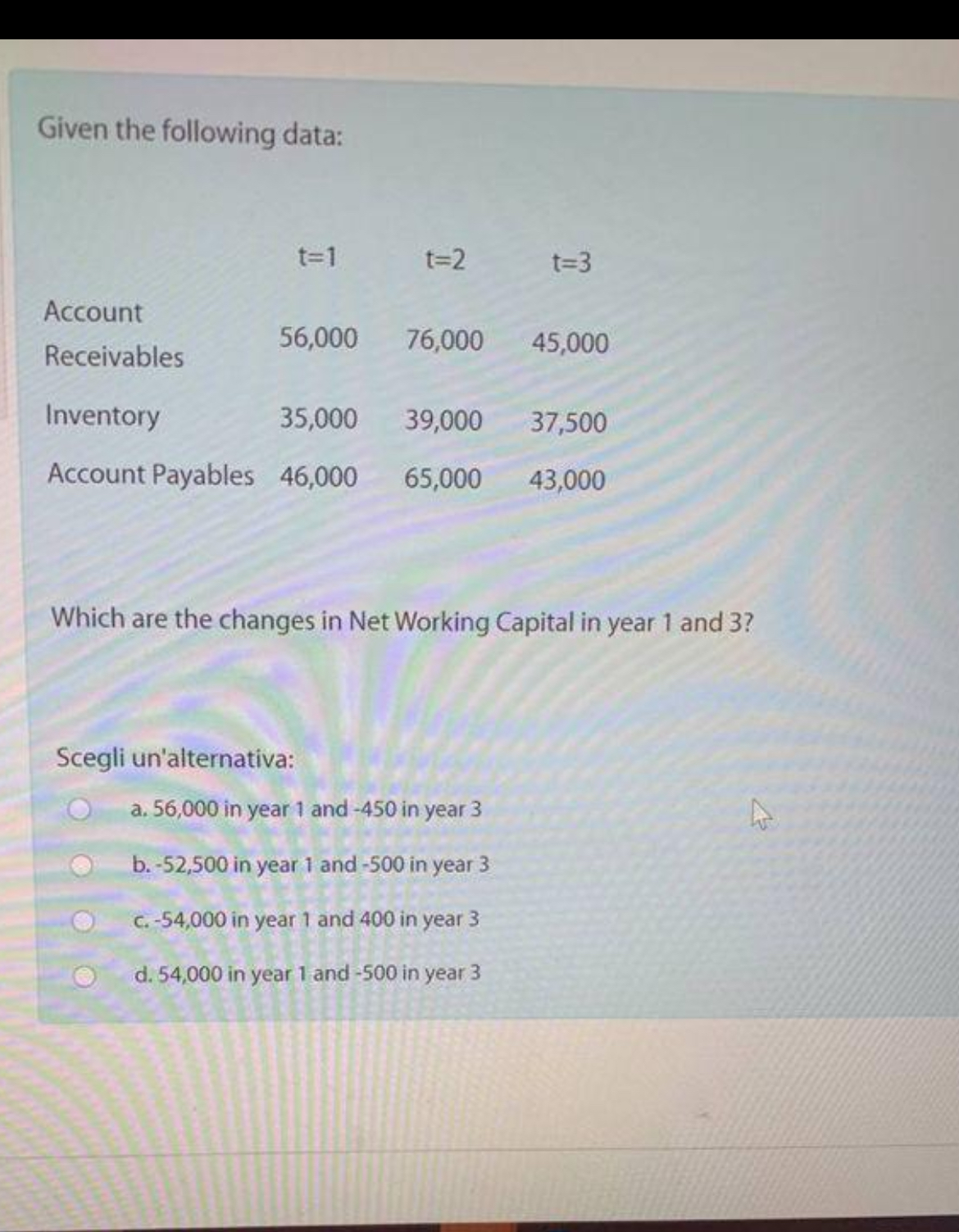  Given the following data: \table[[,t=1,t=2,t=3 