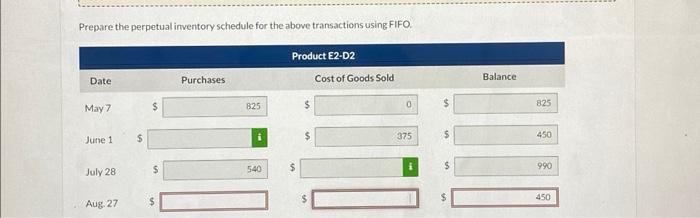  Prepare the perpetual inventory schedule for the above transactions using FIFO.