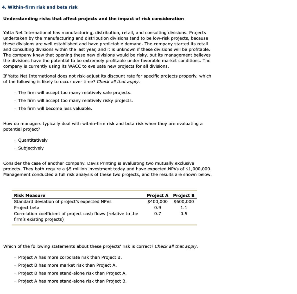  4. Within-firm risk and beta risk Understanding risks that affect projects