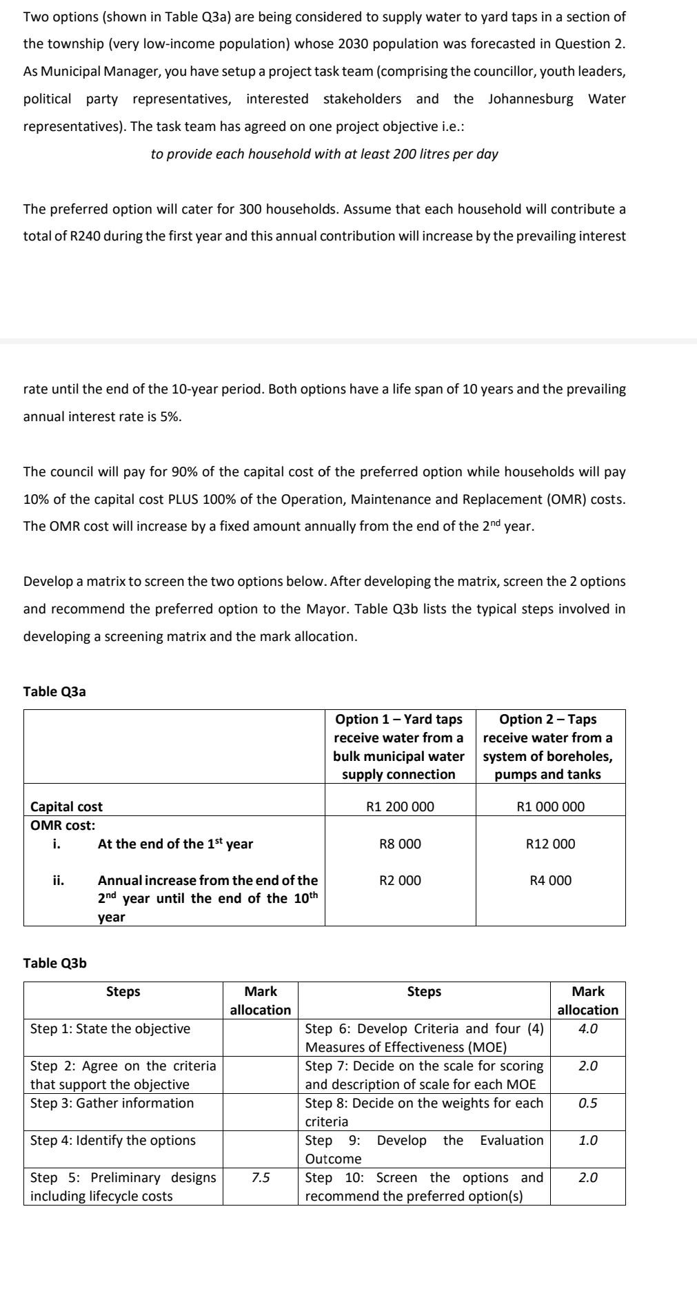  Two options (shown in Table Q3a) are being considered to supply