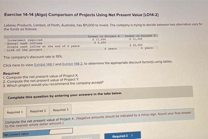  Exercise 14-14 (Algo) Comparison of Projects Using Net Present Value (L014-2]