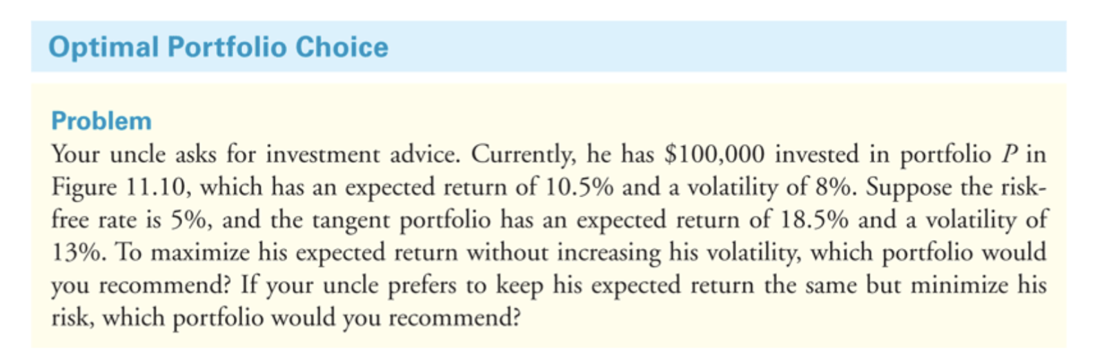  Optimal Portfolio Choice Problem Your uncle asks for investment advice. Currently,