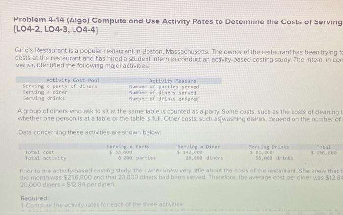 help Problem 4-14 (Algo) Compute and Use Activity Rates to Determine the