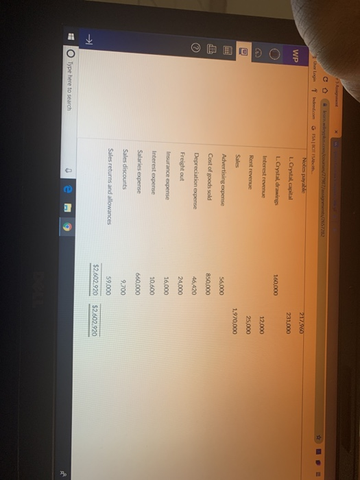 is information from Crystal Company's adjusted trial balance at December 31, 2021