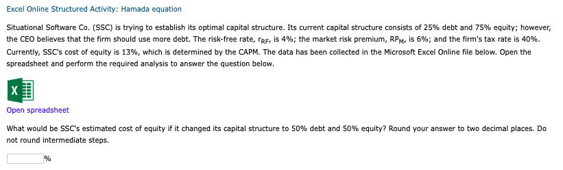  Excel Online Structured Activity: Hamada equation Situational Software Co. (SSC) is
