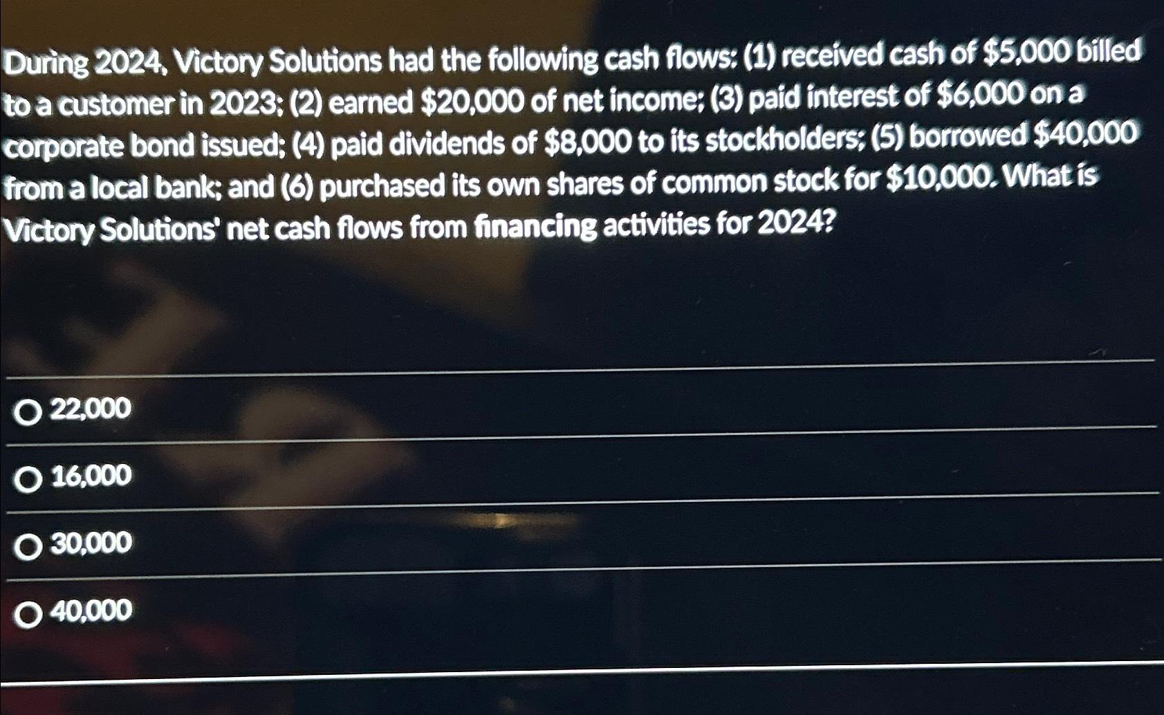  During 2024, Victory Solutions had the following cash flows: (1) received