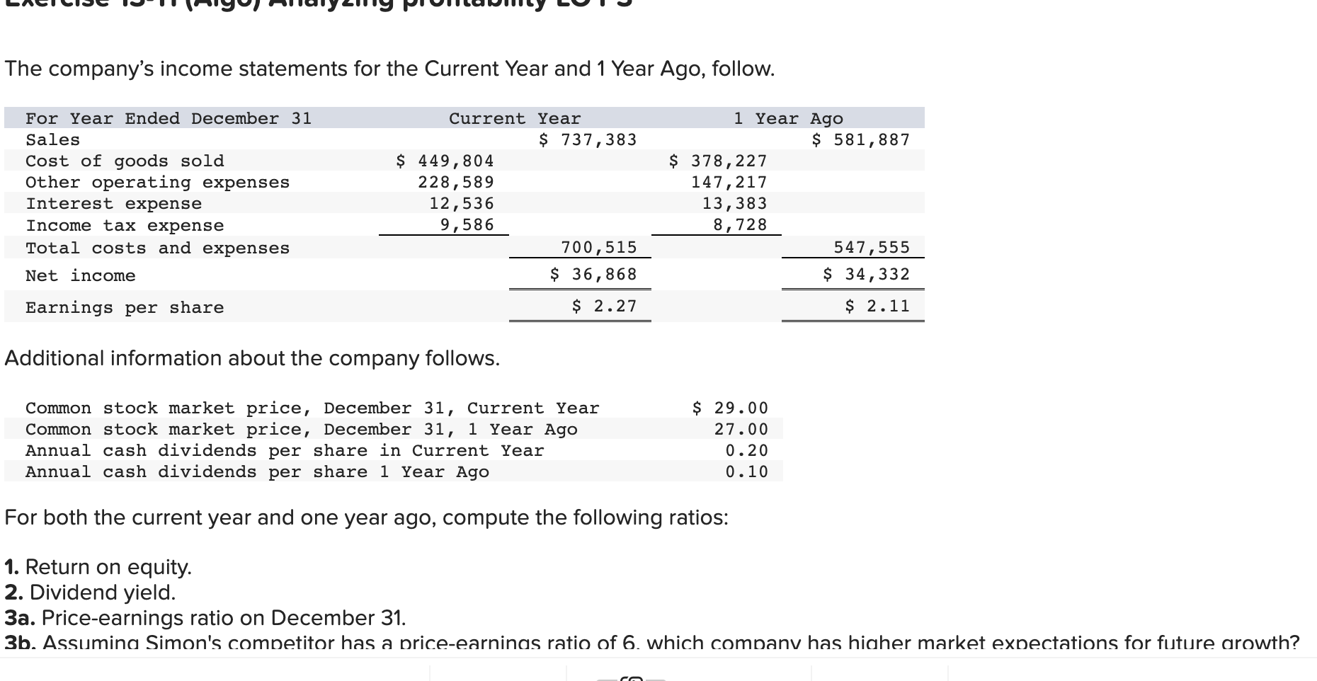 For both the current year and one year ago, compute the following