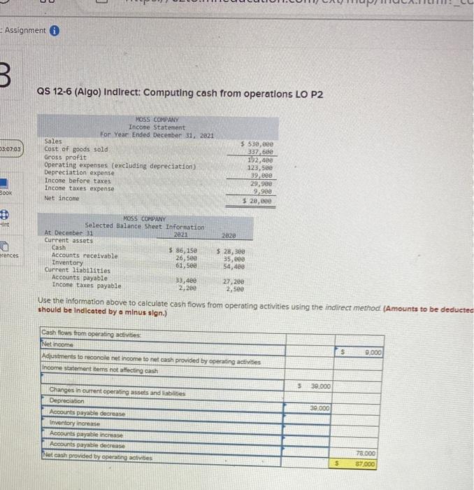  QS 12-6 (Algo) Indirect: Computing cash from operations LO P2 Use