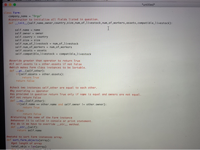  given the class farm: write those 5 functions using python: the
