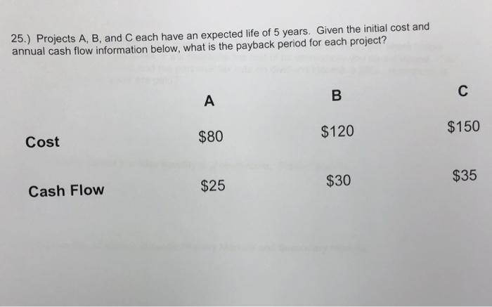  25.) Projects A, B, and C each have an expected life