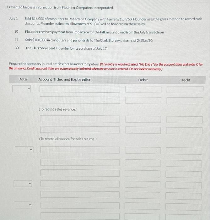  Presented below is information from Flounder Computers incorporated. July 1 Sold