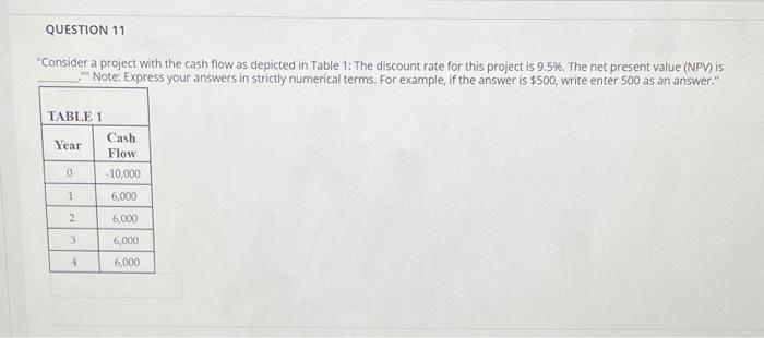  QUESTION 11 "Consider a project with the cash flow as depicted