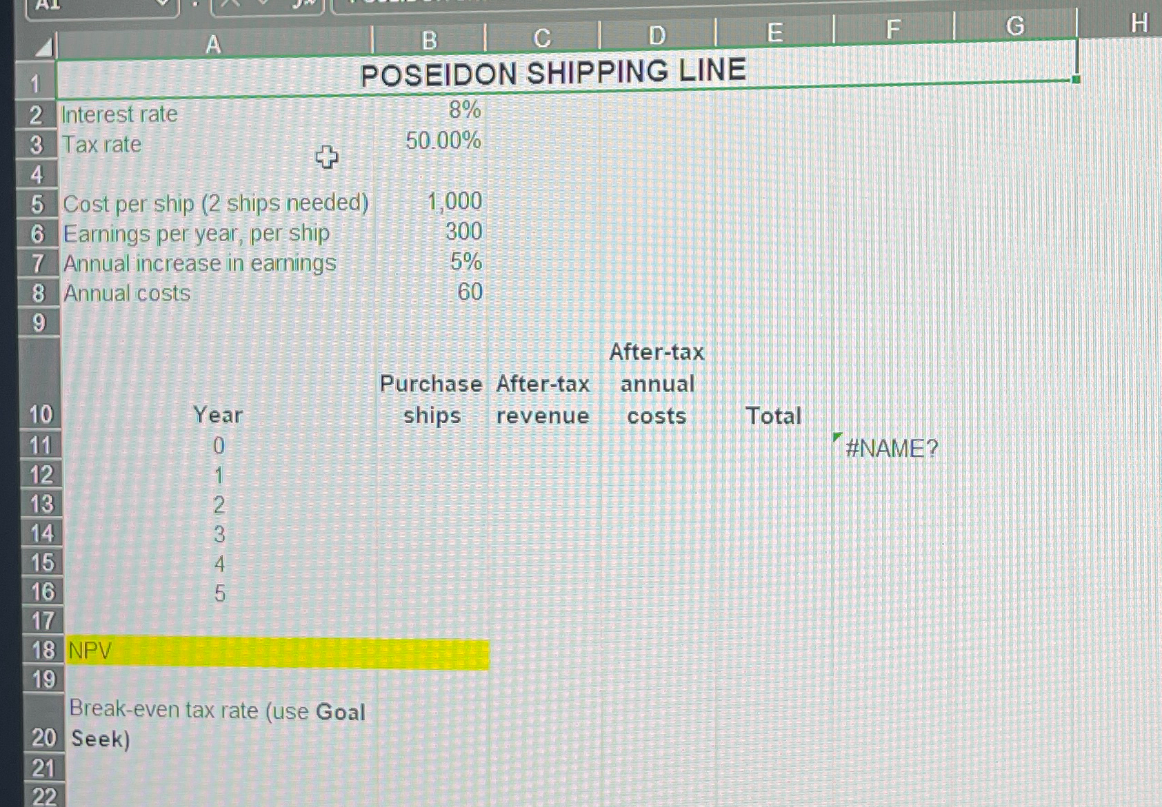  ***EXCEL FORMUALS ONLY*** (Cash-flow analysis) Poseidon is considering opening a shipping