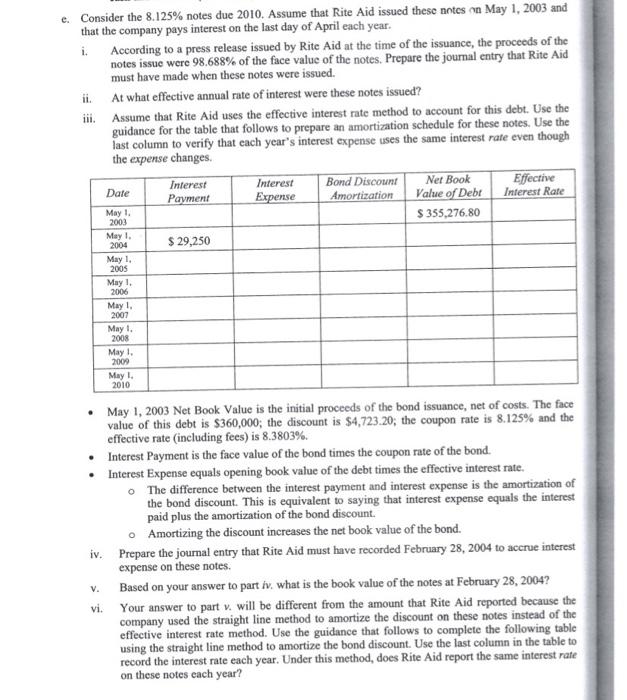 please help woth part IV,V,VI, and VII e. Consider the 8.125% notes