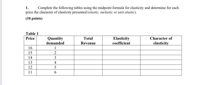  1. Complete the following tables using the midpoint formula for elasticity