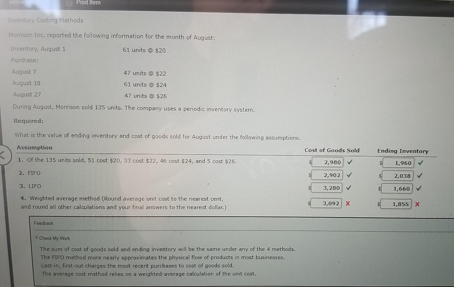 Print Item Inventory Costing Methods Morrison Inc. reported the following information