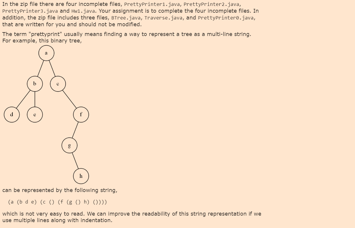  In the zip file there are four incomplete files, PrettyPrinter1.java, PrettyPrinter2.java,