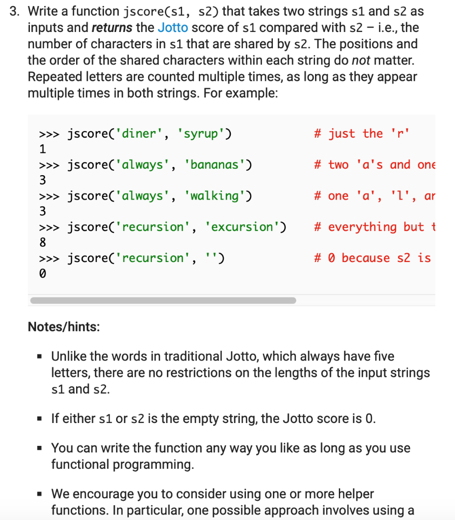 3. Write a function jscore(sl, s?) that takes two strings sl and