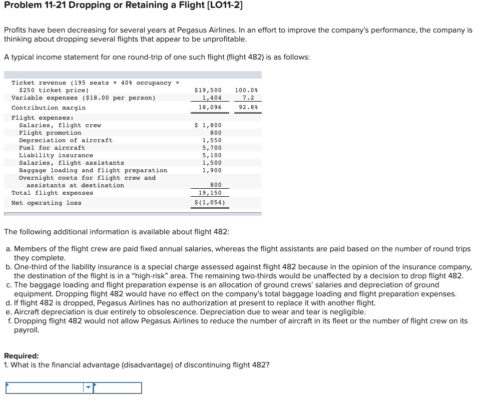 Problem 11-21 Dropping or Retaining a Flight [LO11-2] Profits have been decreasing