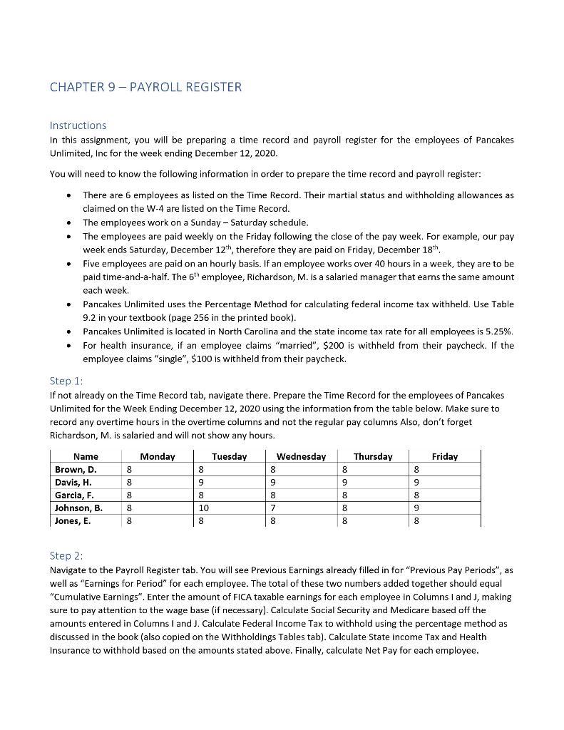 Please help me fill out the payroll register! CHAPTER 9 -