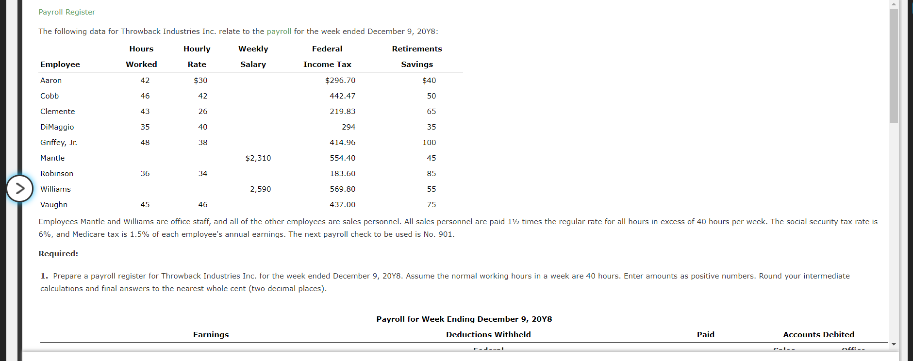 Payroll Register The following data for Throwback Industries Inc. relate to