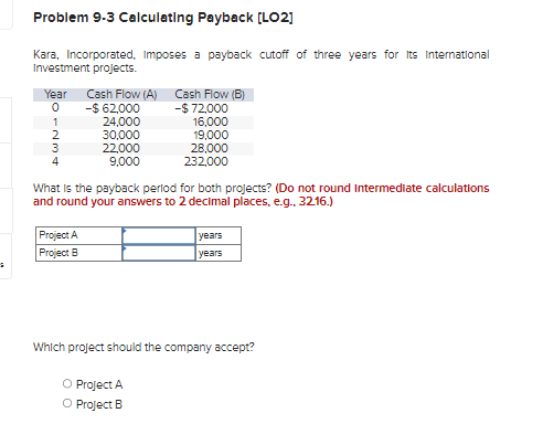  Problem 9.3 Calculating Payback [LO2] Kara, Incorporated, imposes a payback cutoff