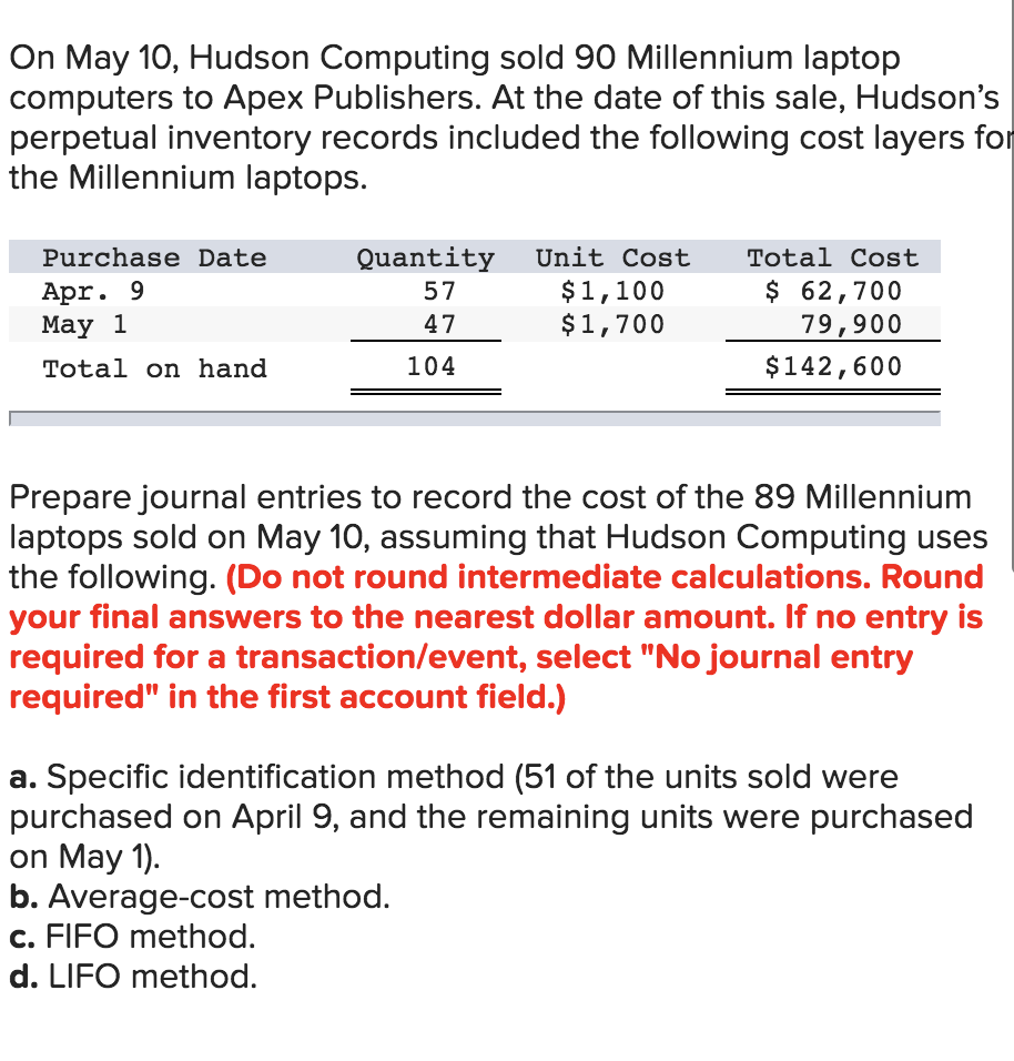  On May 10, Hudson Computing sold 90 Millennium laptop computers to
