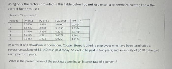 use excel, a scientific calculator, know the correct factor to use) Interest