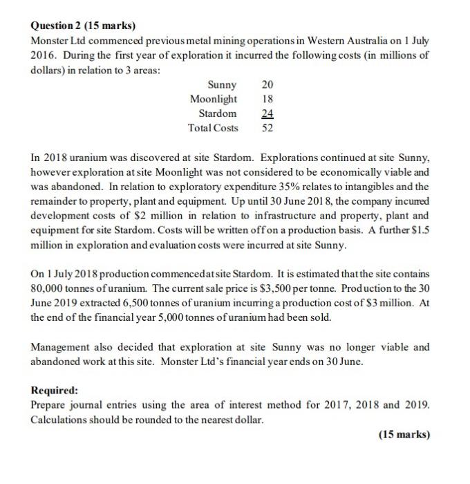  Question 2 (15 marks) Monster Ltd commenced previous metal mining operations