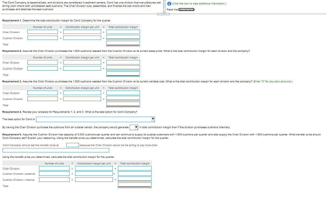for the quarter. 2. Assume the Chair Division purchases the 1,500 cushions