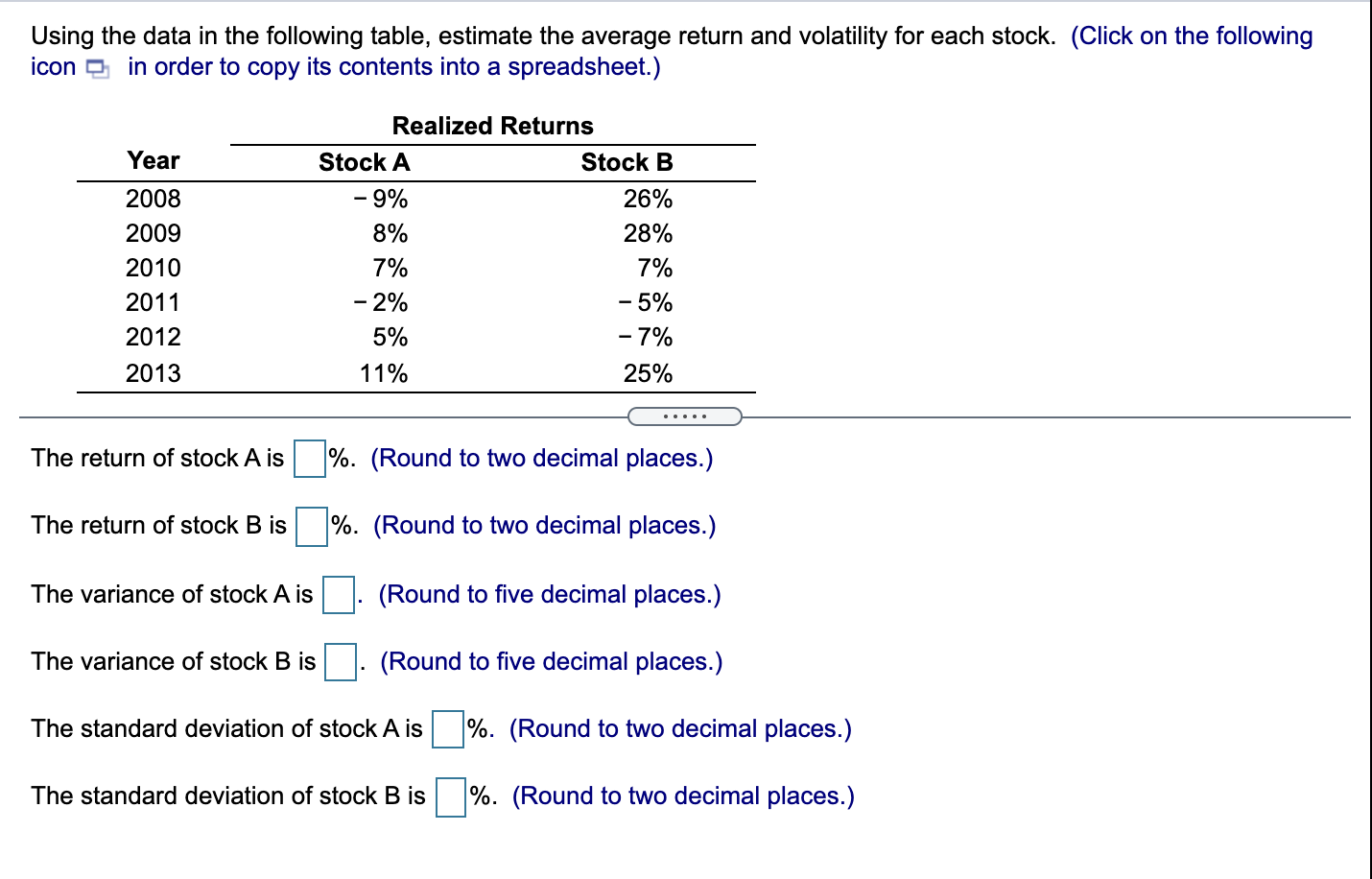  Using the data in the following table, estimate the average return