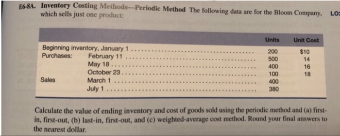  E6-8A. Inventory Costing Me Periodic Method The following data are for