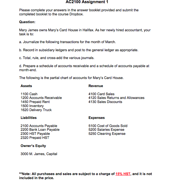  AC2100 Assignment 1 Please complete your answers in the answer booklet