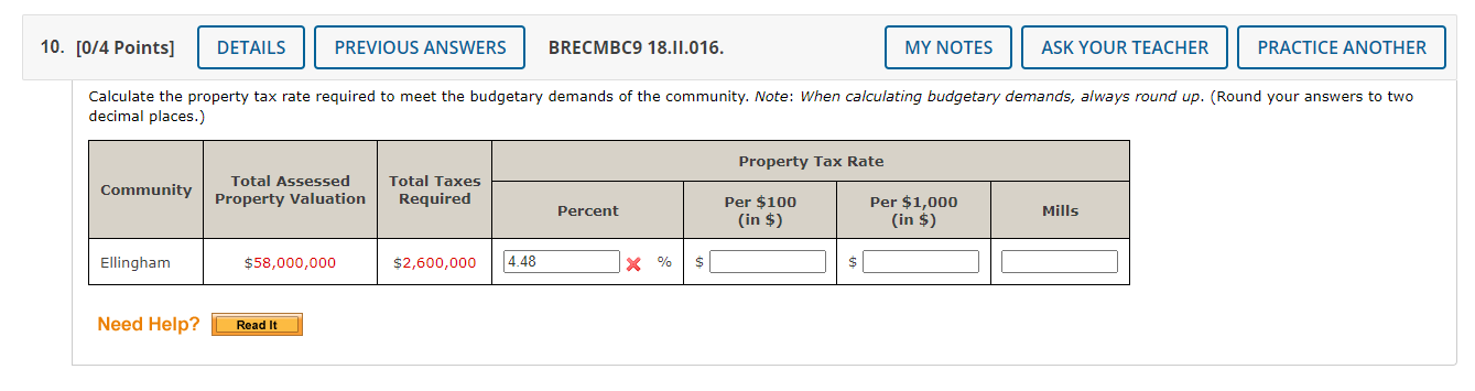 10. [0/4 Points] DETAILS PREVIOUS ANSWERS BRECMBC9 18.11.016. Calculate the property tax
