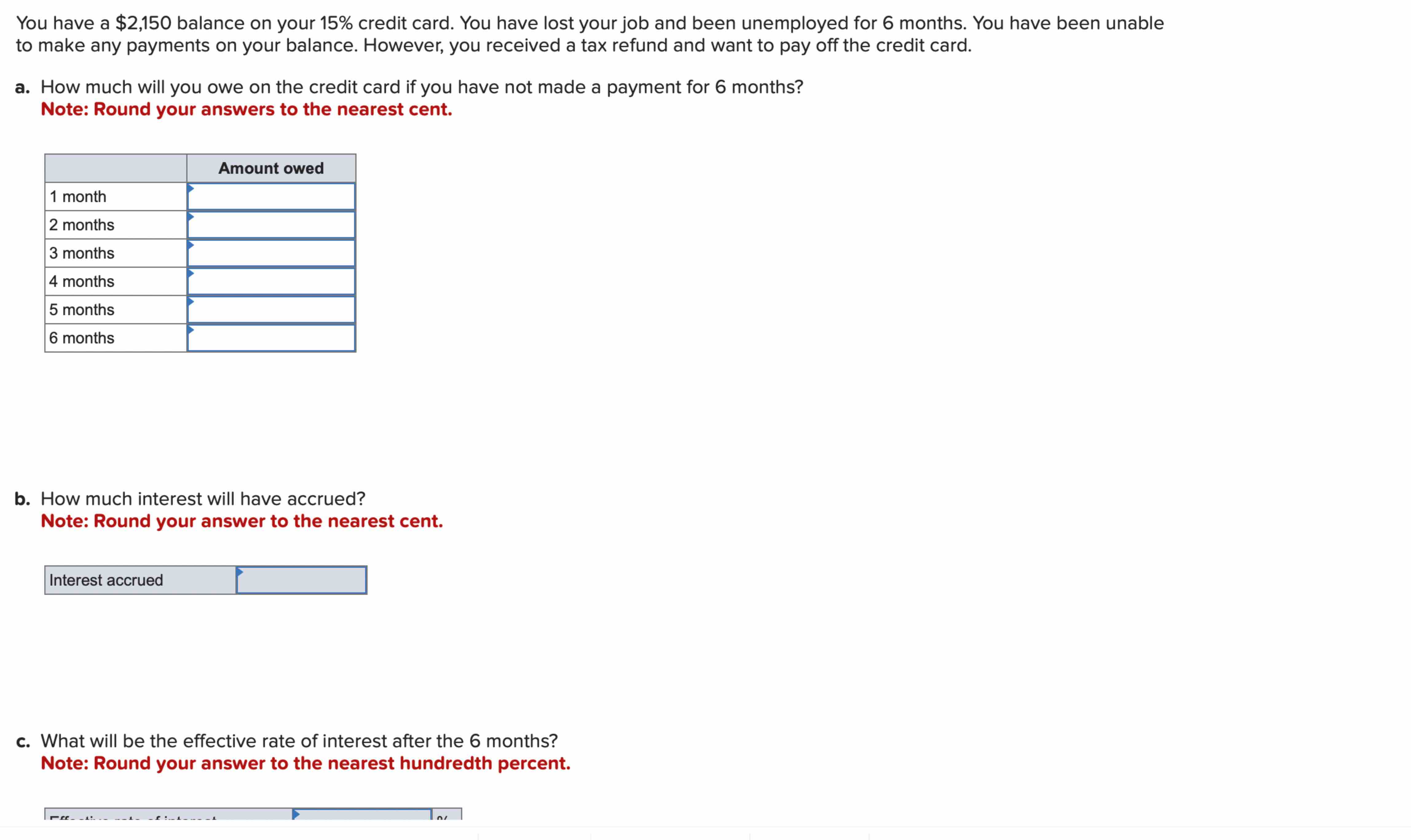  You have a $2,150 balance on your 15% credit card. You