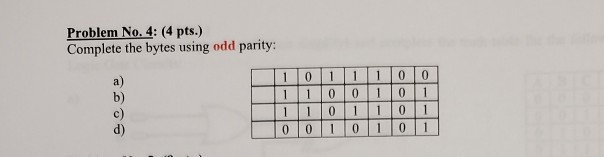 Problem No. 4: (4 pts.) Complete the bytes using odd parity: a)