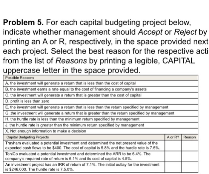  Problem 5 Problem 5. For each capital budgeting project below, indicate