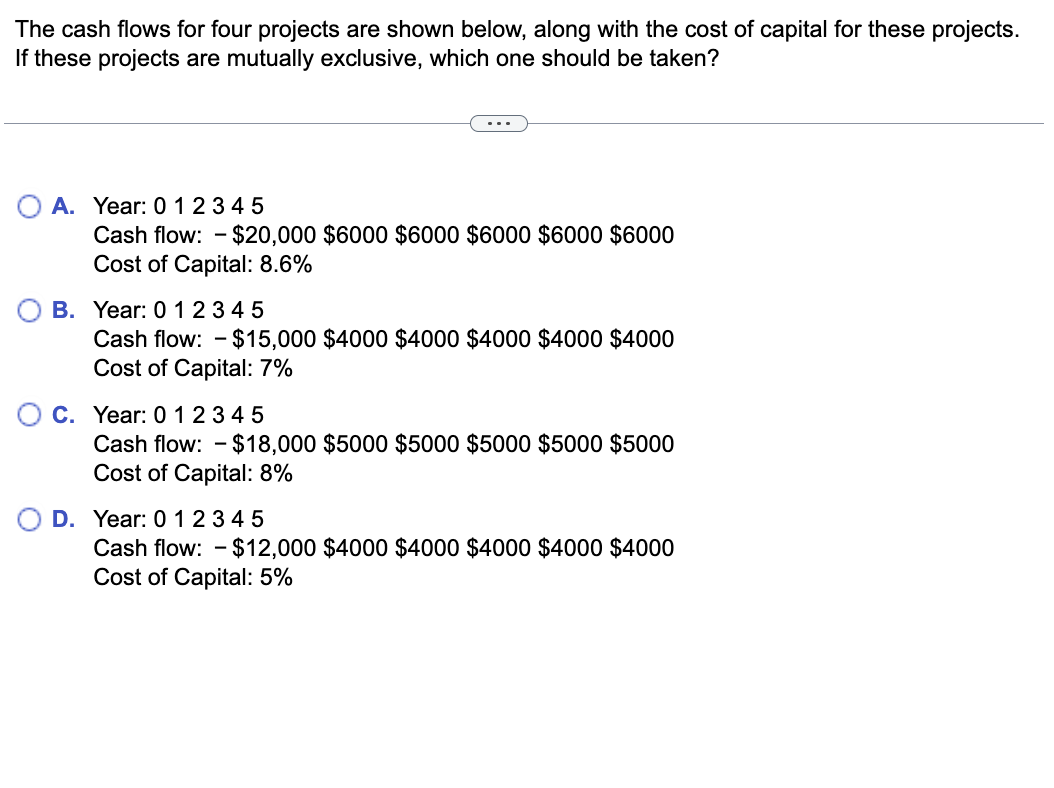  The cash flows for four projects are shown below, along with