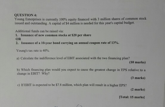 QUESTION 4: Young Enterprises is currently 100% equity financed with 3