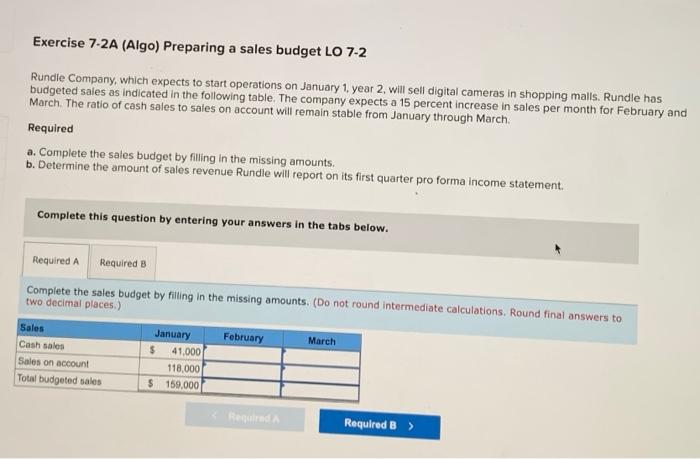  Exercise 7-2A (Algo) Preparing a sales budget LO 7-2 a Rundle
